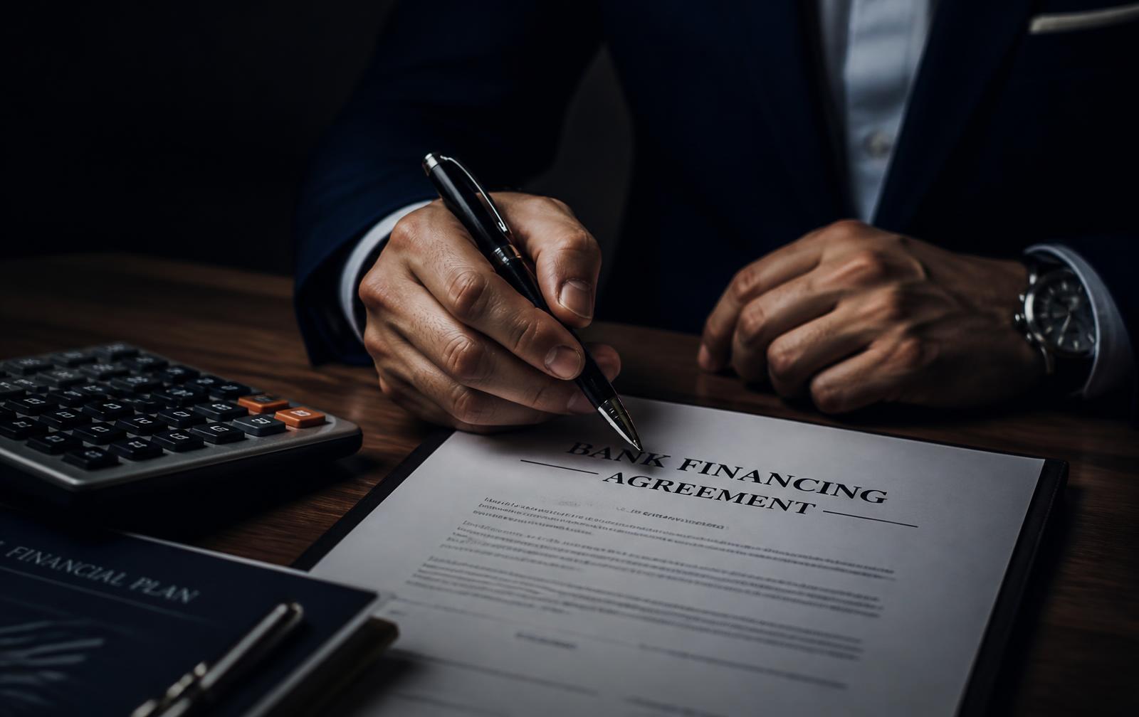 Consultor financeiro analisando contrato de financiamento bancário com calculadora